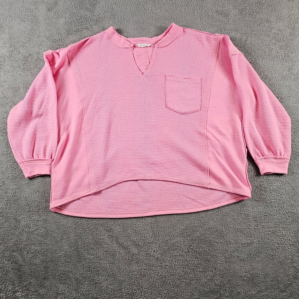Blu Pepper Pink Ribbed Knit Top Notched V-Neck High-Low Seam Detail XL